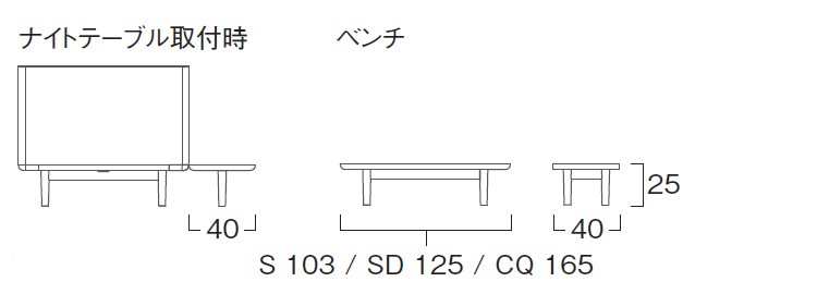 ナイトテーブルとベンチ　サイズ(cm)